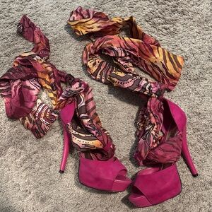 bebe Fuchsia Suede Platform Heels with Multicolor Wraps